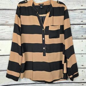 Penelope Project L Black Tan Stripe Button Blouse